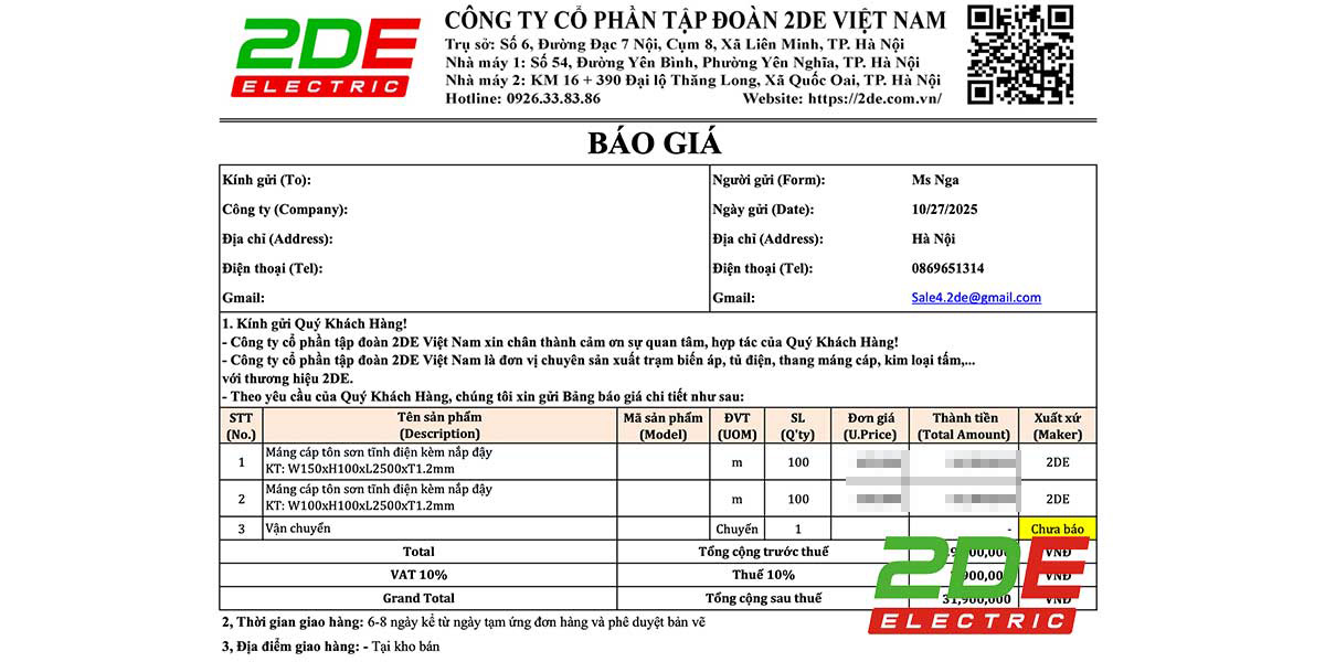 Mẫu báo giá máng cáp 2DE