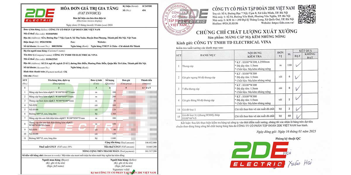 Mẫu hoá đơn, chứng chỉ máng cáp 2DE