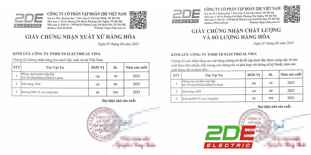 Mẫu chứng chỉ CO, CQ máng cáp 2DE